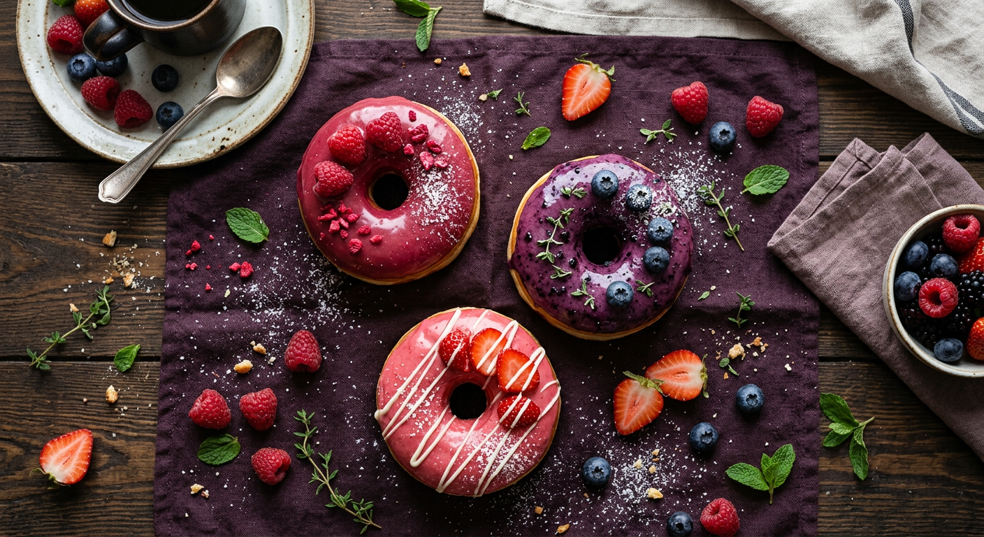 Three donuts with raspberry, blueberry and strawberry glazes