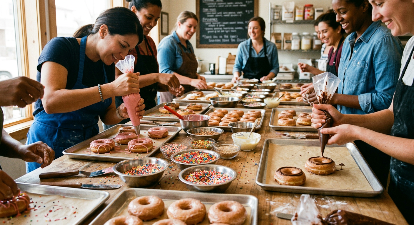 Guests decorating donuts with sprinkles at a long table