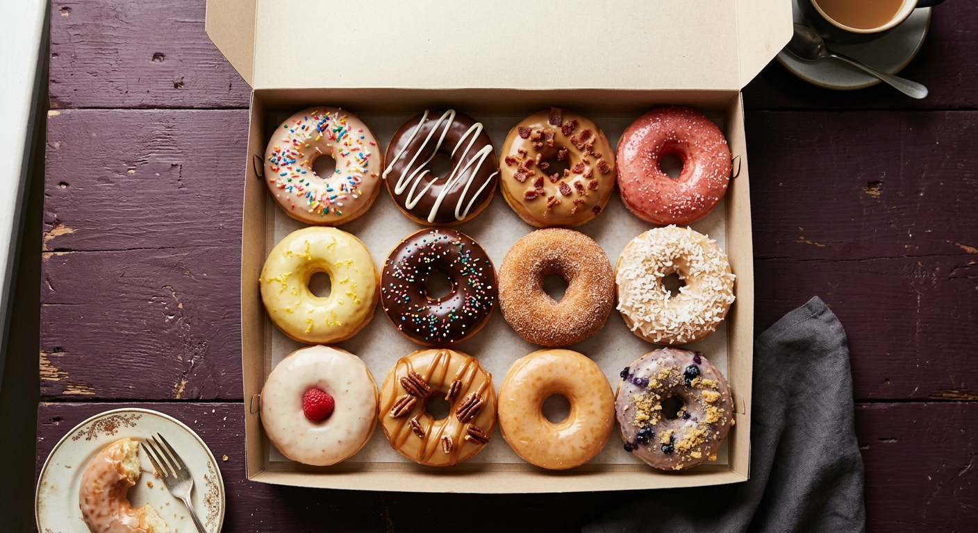 An open bakery box with a dozen assorted donuts