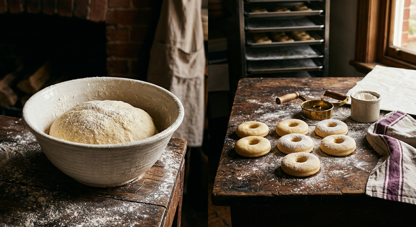 Brioche donut dough resting in a floured bowl