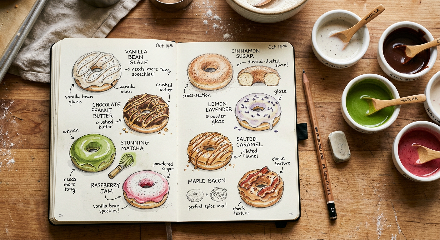 A sketchbook of donut flavor ideas beside glaze samples