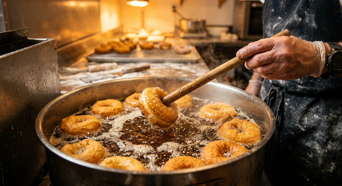 Golden donuts frying in a small batch fryer