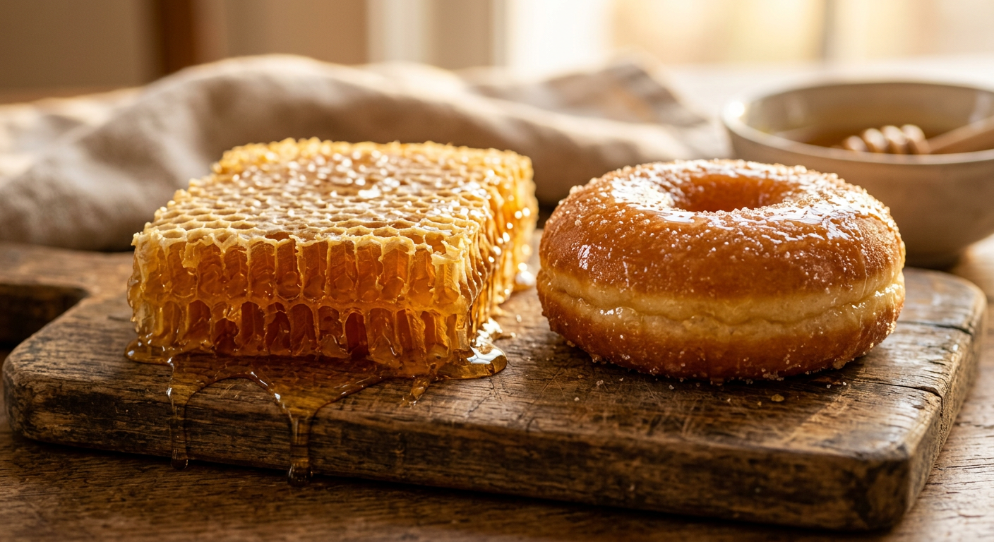 Dripping honeycomb beside a honey glazed donut
