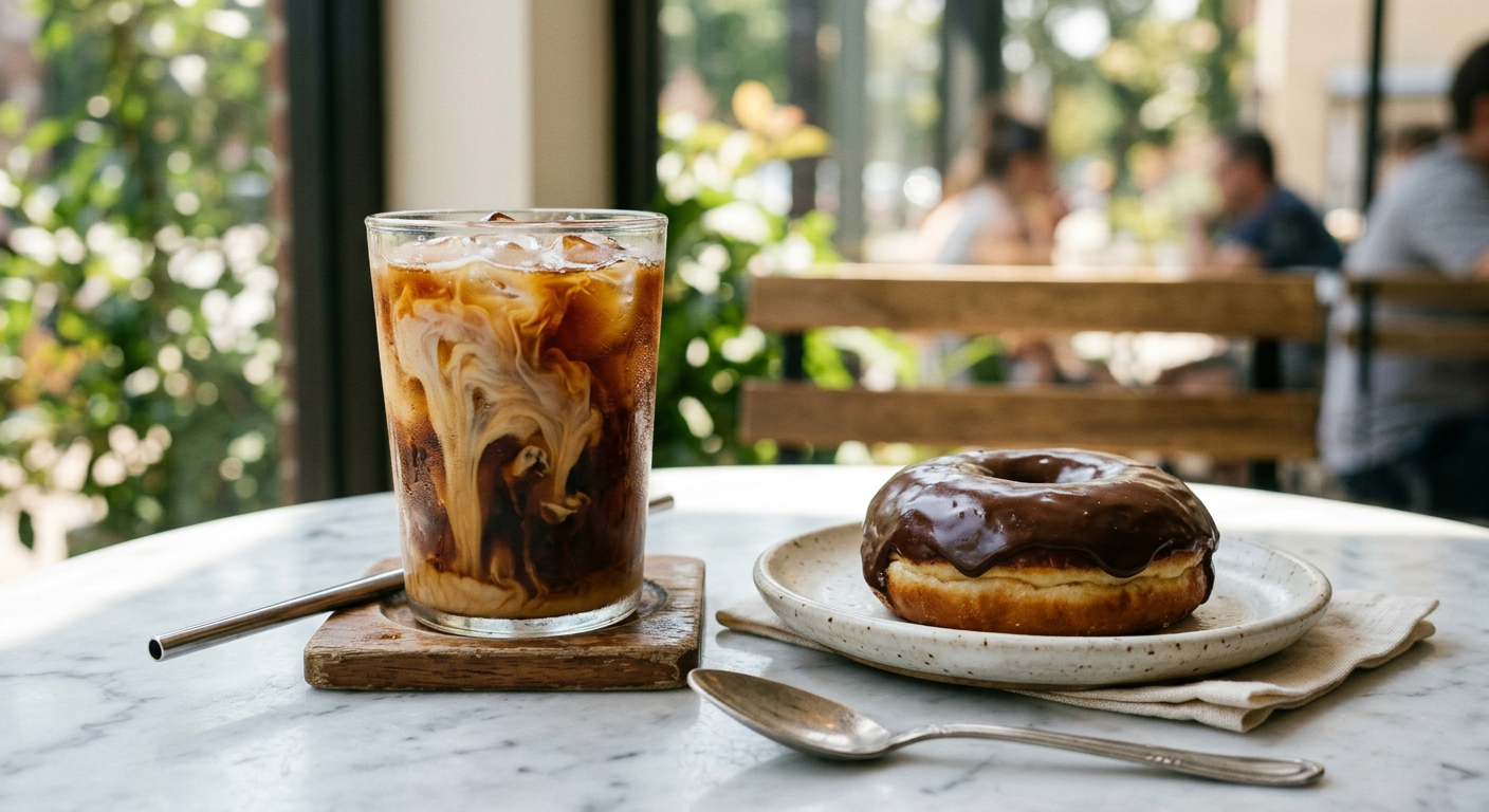 Iced coffee next to a chocolate glazed donut