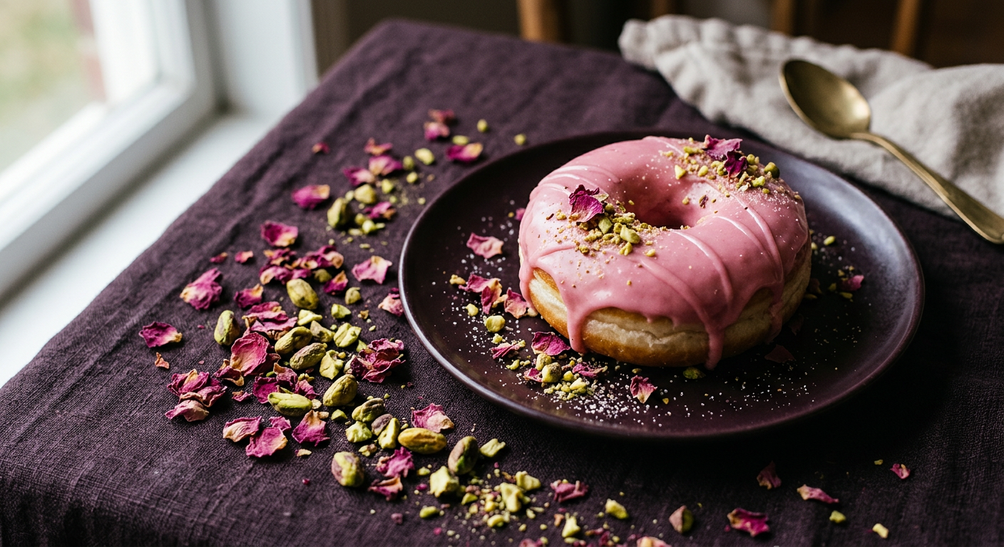 Rose petals and pistachios beside a pink glazed donut